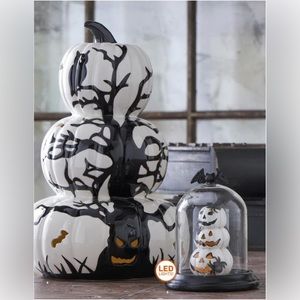 Halloween 3 Pumpkin Stack Ceramic Decor With Haunted Scene Tree & Owl 12.5” Tall